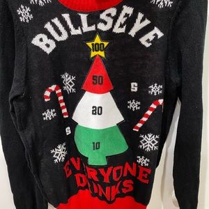 “Bullseye everyone drinks” festive ugly Christmas sweater Velcro balls game S